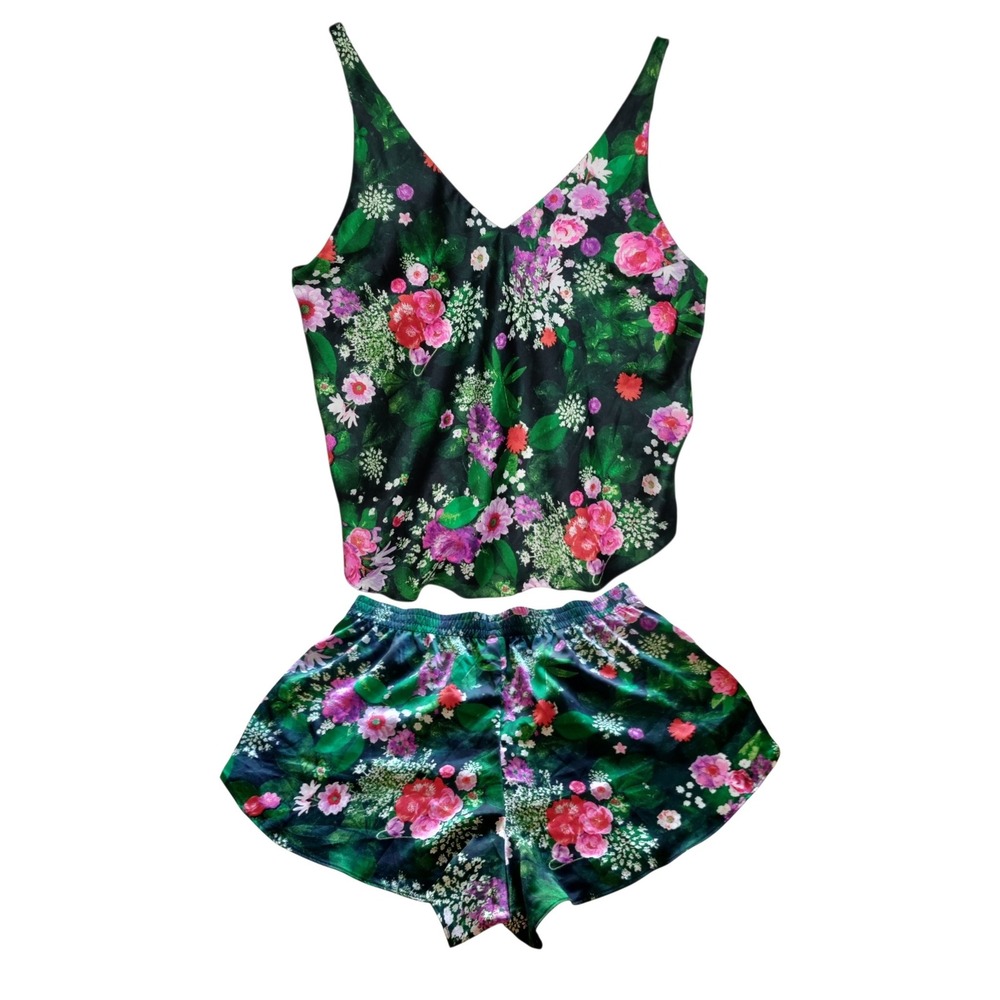 Victorias Secret Satin Floral Pajama Set Camisole and Shorts Green Pink Medium